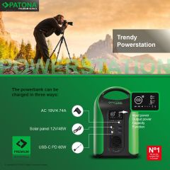 Patona 9990 Premium Powerstation Outdoor 300 / 300W 283Wh PD60W USB5V/3A DC12V/5A DC5525 (Premium GaN PD65W Adapter hediye )