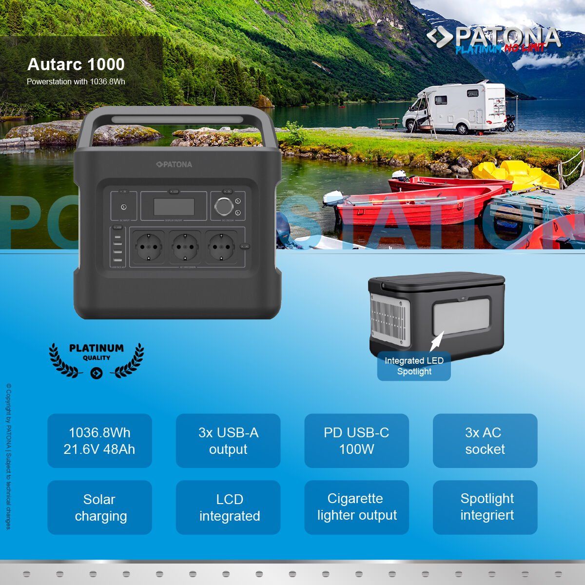 Patona 9989 Platinum Powerstation Autarc 1000 / 1000W 1000Wh PD100W USB5V/2.4A DC12V/10A DC5525 (Premium GaN PD65W Adapter Hediye )