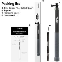 Telesin Aksiyon Kamera ve Akıllı Telefonlar için 3 Metre Carbon Fiber Selfie Stick